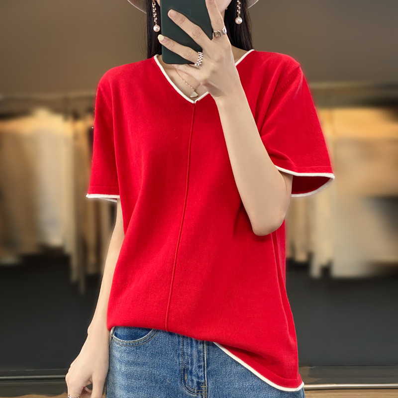 Women's T-Shirt Summer 100% Cotton Short-Sleeved T-Shirt Women's Knitted Sweater V-Neck Contrast Loose Size 40-100kg Versatile Top 230413, Light camel
Women's T-Shirt Summer 100% Cotton Short-Sleeved T-Shirt Women's Knitted Sweater V-Neck Contrast Loose Size 40-100kg Versatile Top 230413, Light camel