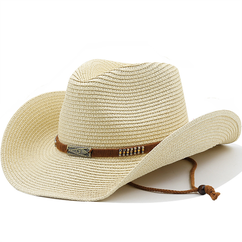 Ethnic Style Classic Belt Straw Cowboy Hat Women Men's Summer Hollow Sun Hats Rolled Brim Elegant Lady UV Protection Beach Cap