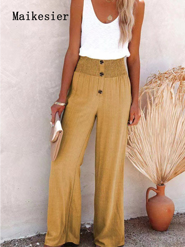 Women's Pants Capris Spring Summer Elastic Waist Solid Cotton Linen Loose Clothes Wide Leg Women's Trousers Oversize Woman Pants Baggy Pants