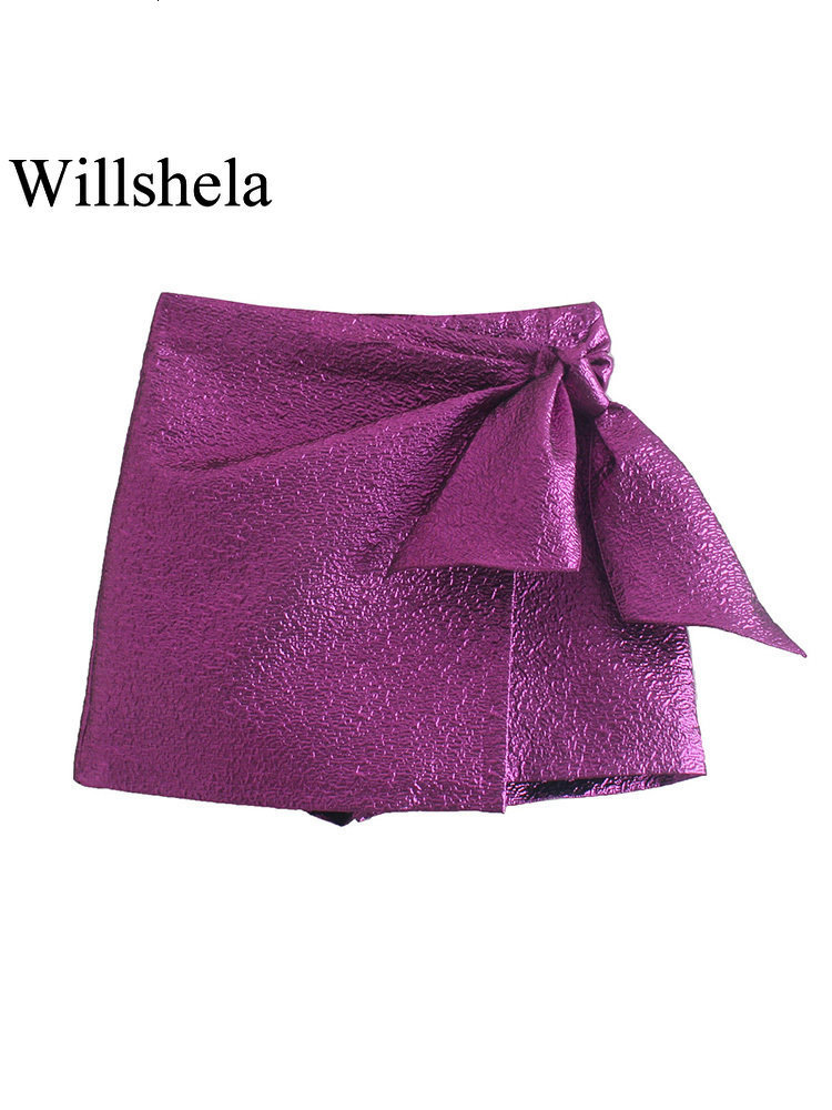 Women's Shorts Willshela Women Fashion Textured Skort with Bow Knot High-waisted Invisible Side Zipper Casual Chic Lady Woman Elegant Shorts 2304