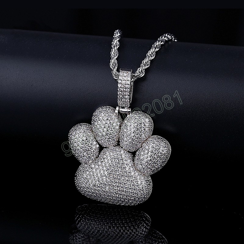 Iced Out Paw Shape Pendants Necklace With Bling Zircon For Women Men Hip Hop Jewelry With Long Chain