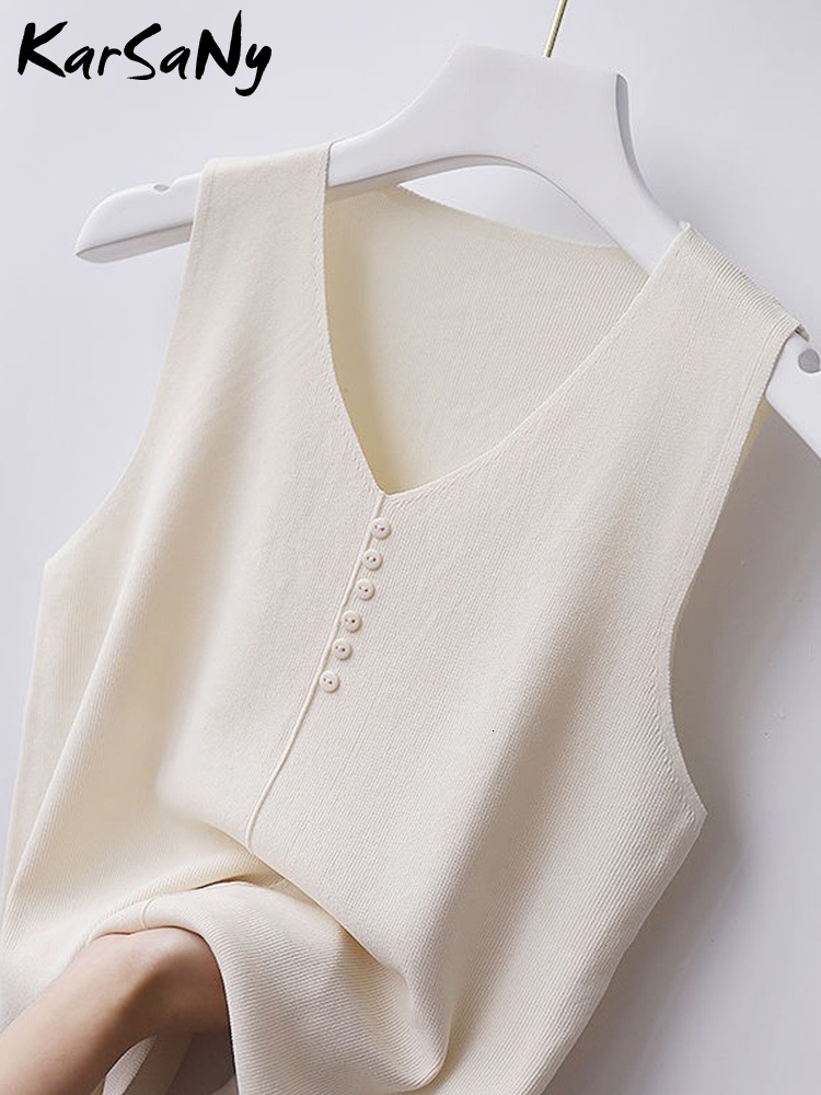 Camisoles Tanks KarSaNy Thin Knitted Ice Silk Tank Top Women Summer Pink Camisoles Femme V-neck Sleeveless Tops For Women Tanks White 230413