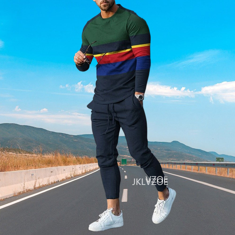 Men's Tracksuits Autumn Men Clothing Fashion Long Sleeved T ShirtTrousers Casual Tracksuit 2 Piece Suit 3D Printed Stripe Male Streetwear 230412