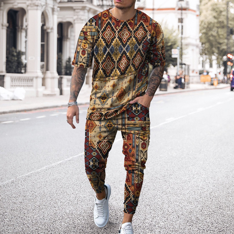 Men's Tracksuits Tracksuit Vintage 3D Printed ShortSleeved Tshirt Trousers Casual Breathable Harajuku Jogger Sportswear 2 Piece Sets 230413