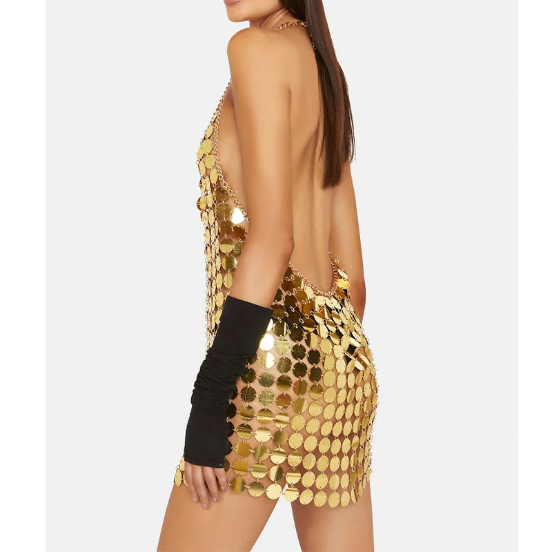 Casual Dresses Women Fashion Black Gold Chainmail Sequin Mini Dresses Diana Silver Disc Dress 230413