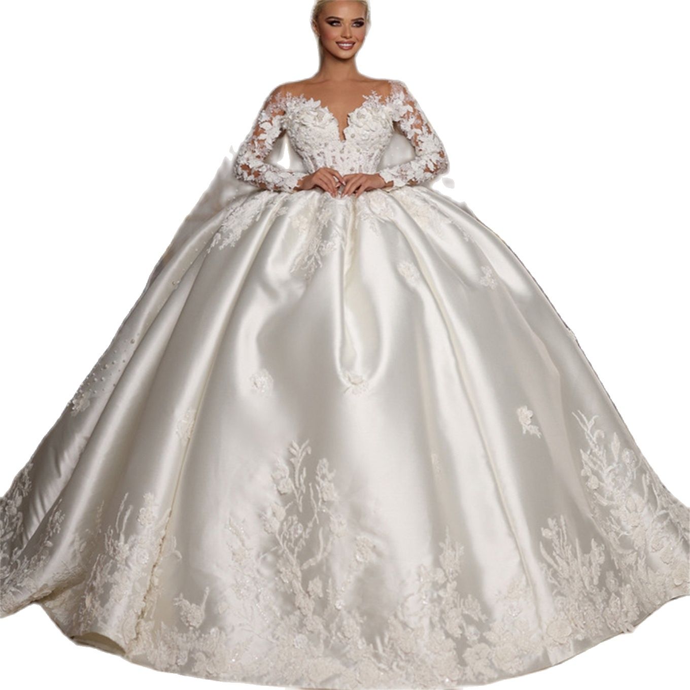 Princess Satin Wedding Dresses Ball Gown Illusion Jewel Neck 3D wers Appliques Mariage Bridal Gowns Long Sleeve Vestido De Noiva 0505