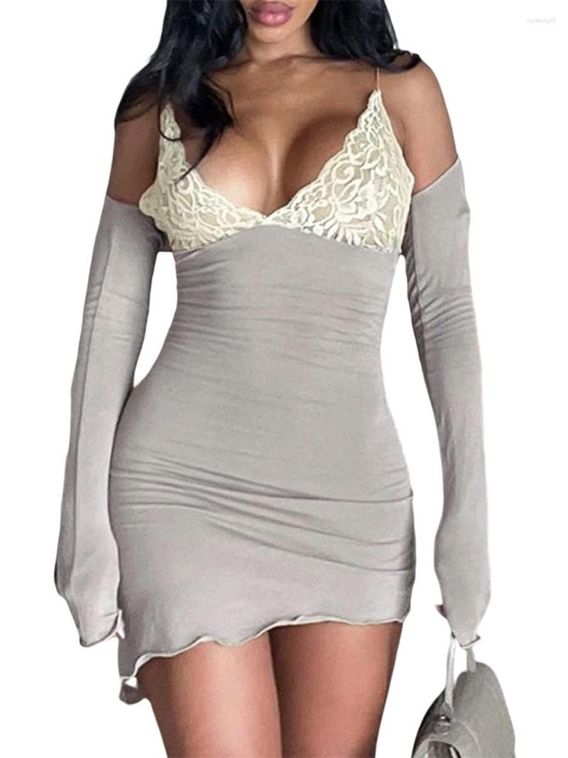 Casual Dresses Womens Sexy Off Shoulder Bodycon Mini Dress Long Sleeve Halter V Neck Lace Patchwork Party, Apricot