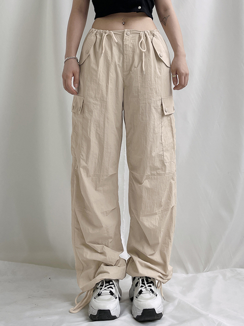 Women's Pants Capris Weekeep Summer Baggy Cargo Pants Low Rise Drawstring Fashion Pocket Casual Pants Kawaii Pink Women's Trousers y2k Aesth