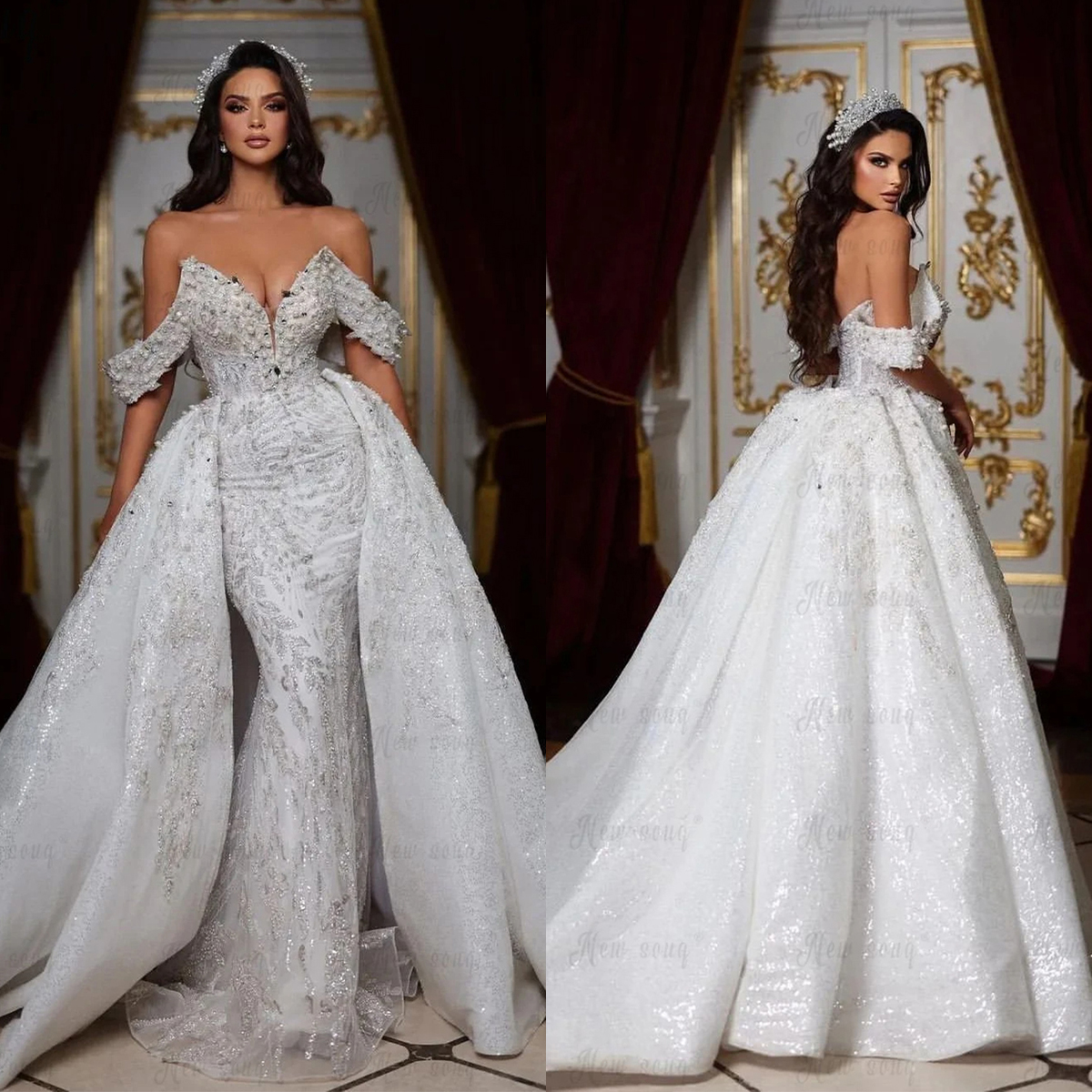 Elegant 3D-Appliques-Lace Evening Fashion Deep Pearls V-Neck Slim Fit Detachable Train Prom Dresses Size Custom Made vestido de novia D-H23641