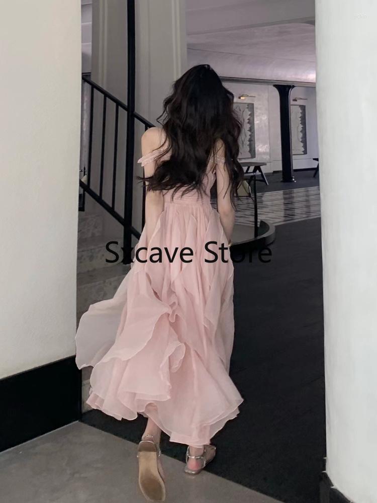 Casual Dresses Pink Midi Dress Women Beach Style Elegant Sexy Strap Party Sweet Fairy One Piece Korean 2023 Summer Chic