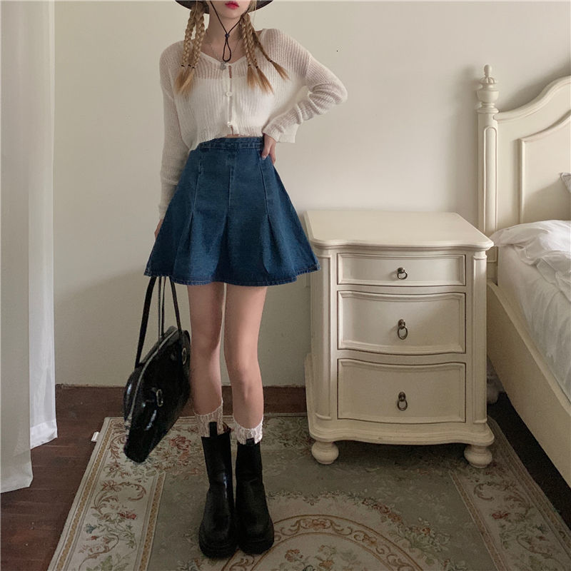 Skirts Cowboy Pleated Skirt Girl Style High Waist Slim Joker Skirt Basic Simple Denim Blue Vintage Women Skirts 230413