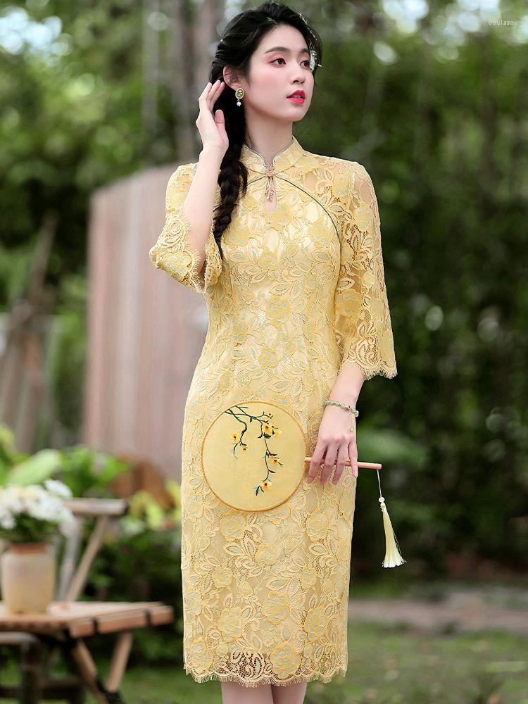 Ethnic Clothing 2023 Summer Chinese Cheong-sam Wedding Party Bridal Dress Yellow Lace Qipao
Ethnic Clothing 2023 Summer Chinese Cheong-sam Wedding Party Bridal Dress Yellow Lace Qipao