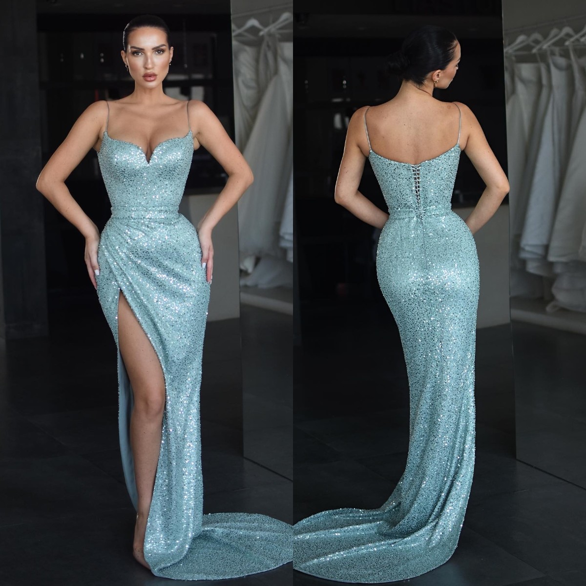 Elegant Blue Mermaid Prom Dresses Spaghetti Sequins Evening Lace Up Back Pleats Split Formal Long Special Ocn Party Dress Lz0304