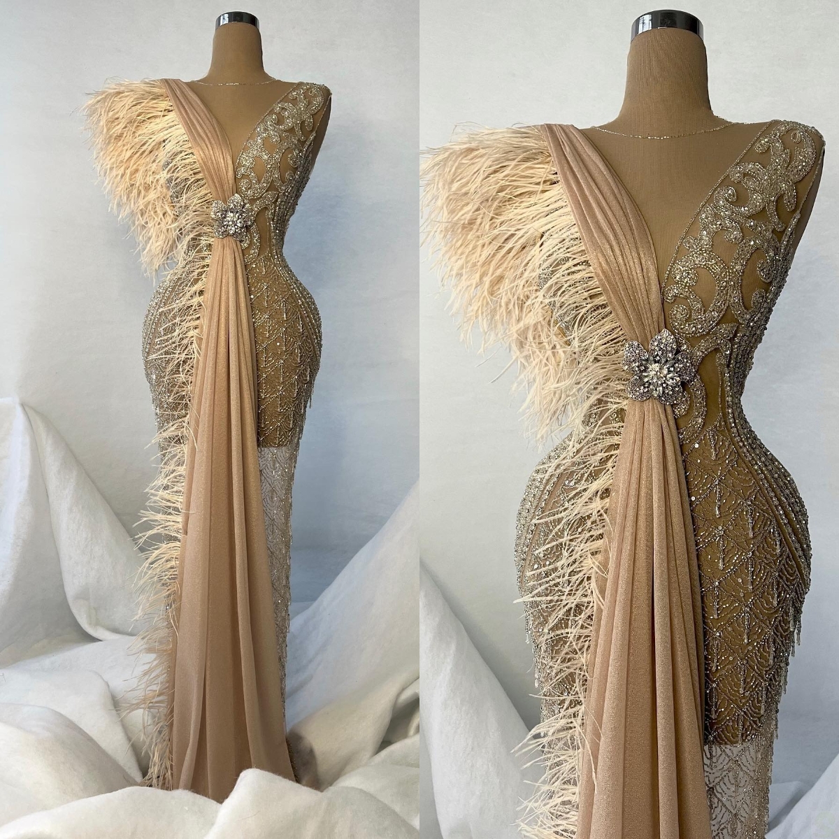Luxury Mermaid Prom Dresses V-neck Sleeveless Applicants Feathers Sequined Tulle Backless Floor Length Custom Made Party Dress Plus Size Vestido De Noite, Same as picture
Luxury Mermaid Prom Dresses V-neck Sleeveless Applicants Feathers Sequined Tulle Backless Floor Length Custom Made Party Dress Plus Size Vestido De Noite, Same as picture