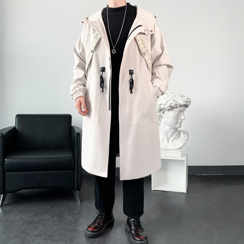 Men's Trench Coats Coat With Hood Black Mid Long Casual Clothing 230413Z