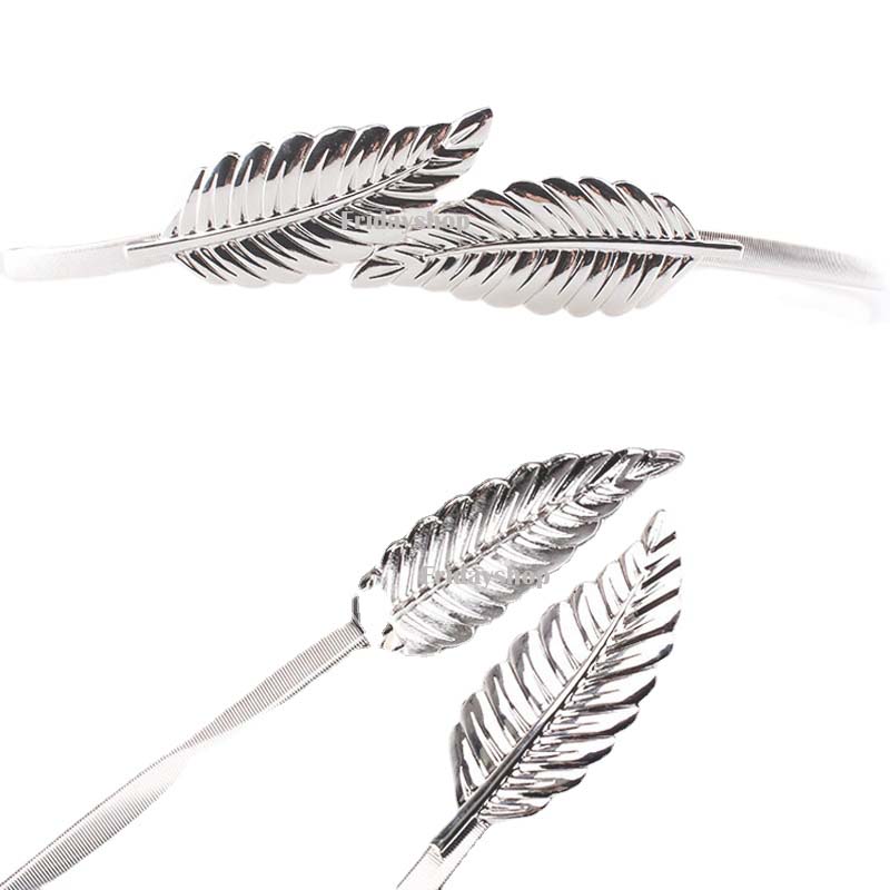 Fashion Women Vintage Elegant Metal Leaf Belts Fashion Golden Silver Leaves Chain Belt Female Waist Belt Elasticity Waistband Decoration