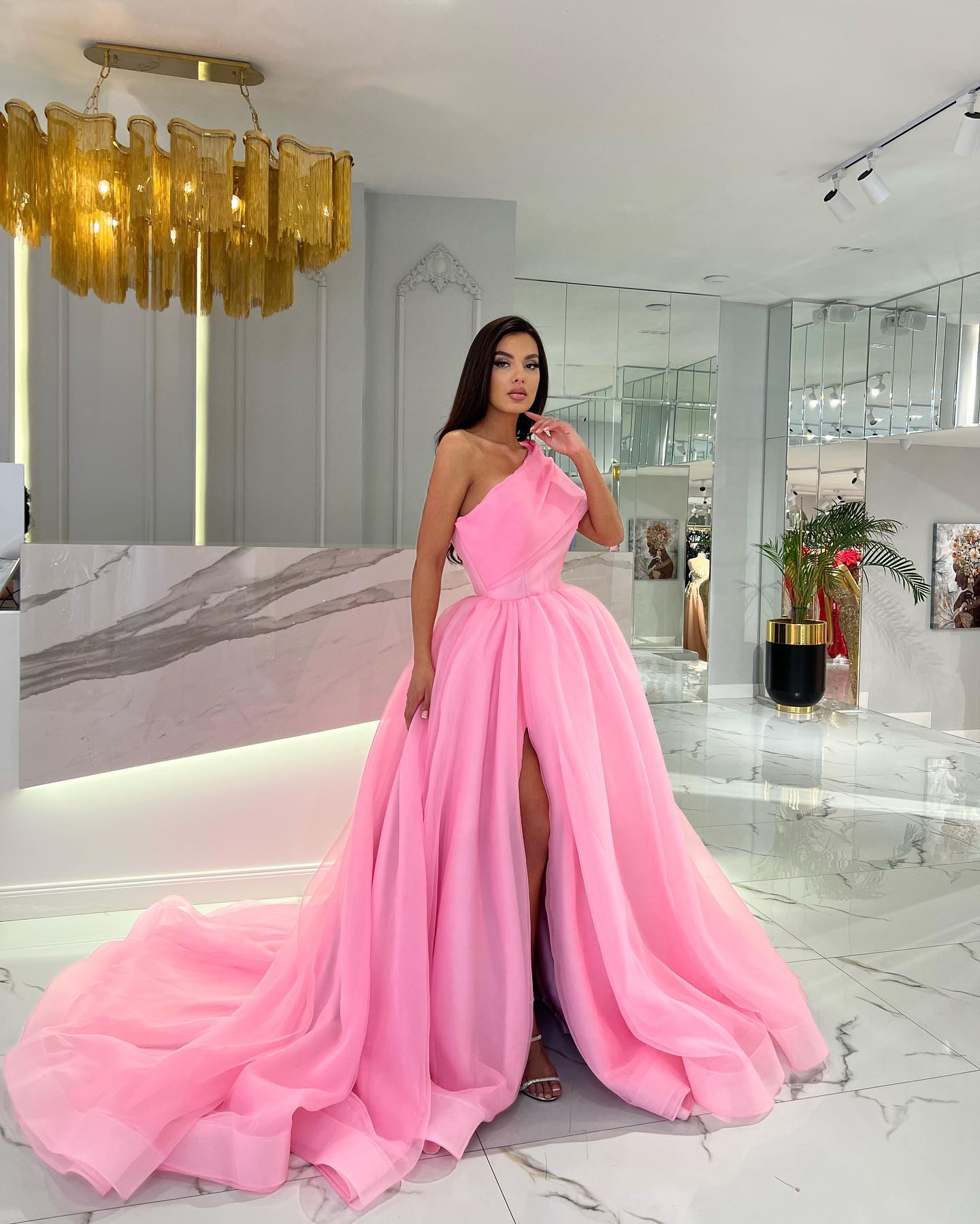 Dusty Pink One Shoulder Prom Dresses Side Split Formal Evening Dress Tulle Long Gowns 2023 For Women Party