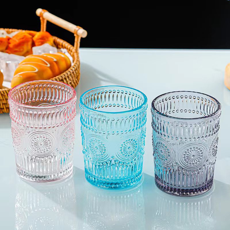 wholesale Vintage Drinking Glasses Romantic Water Glasses Embossed Romantic Glass Tumbler for Juice Beverages Beer Cocktail 010212