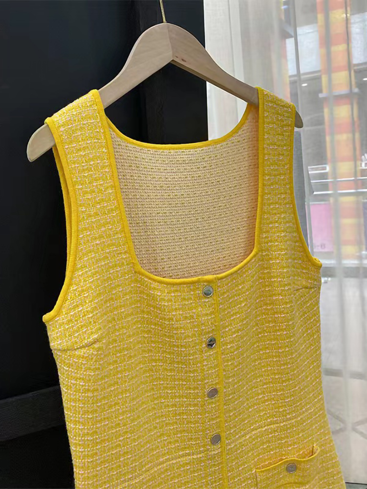 Casual Dresses Summer SANDR* Cotton Blend Tweed Square Neck Sleeveless Camisole Dress for Women Yellow High Waist A-line Ladies Dresses230413