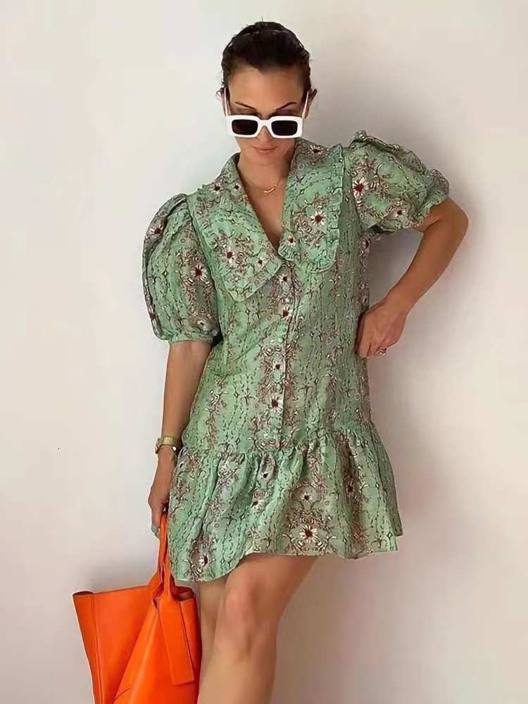 Casual Dresses Summer French Elegant Fashion Dress For Women Green Romantic Print Doll Collar Puff Sleeve Short Dress Mini Robe Ladies230413