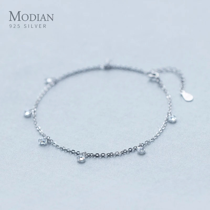 Anklets Modian Shining Zircon Anklet 925 Sterling Silver Fashion Barefoot Original Chain Bracelet For Women Fine Jewelry 231102