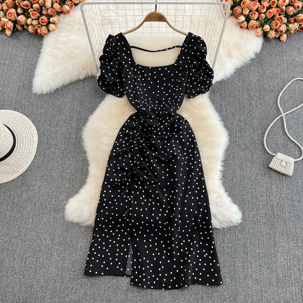 Casual Dresses Summer Women Beach Dress Fashion Square Collar Drawstring Puff Sleeve A-line Dresses Mid Length Slit Polka Dot Frock For Party230413