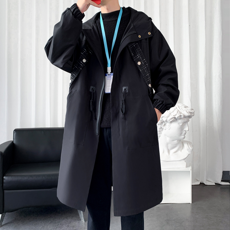 Men's Trench Coats Coat With Hood Black Mid Long Casual Clothing 230413Z