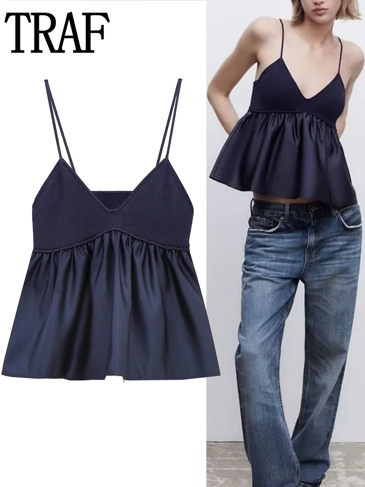 TRAF Blue Crop Women Ruffle Knitted Woman Off Shoulder Corset Top Female Streetwear Backless Sexy Tops Camisoles Tanks 230412