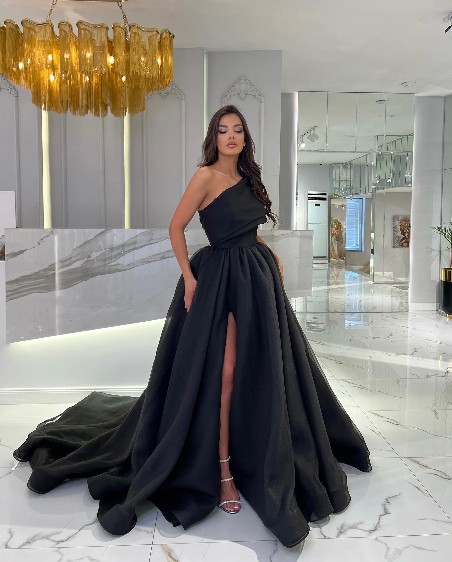 Dusty Pink One Shoulder Prom Dresses Side Split Formal Evening Dress Tulle Long Gowns 2023 For Women Party