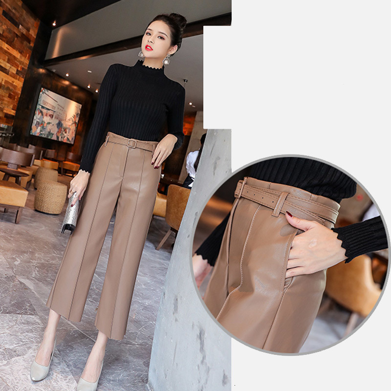 Women's Pants Capris PU Leather Pants For Women Wide Leg High Waisted Anke-length Women's Pants With Belt Autumn Loose Ladies Trousers 23041