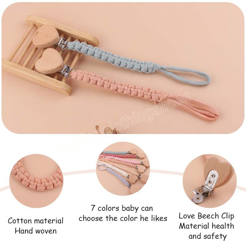 Heart Shape Beech Pacifier Clip DIY Newborn Accessories Baby Shower Gift Woven Pacifier Holder Infant Soother Dummy Clips Chain