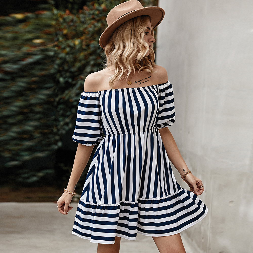 Casual Dresses Summer Womens Shortsleeved Stripes Slash Neck Dress 230413