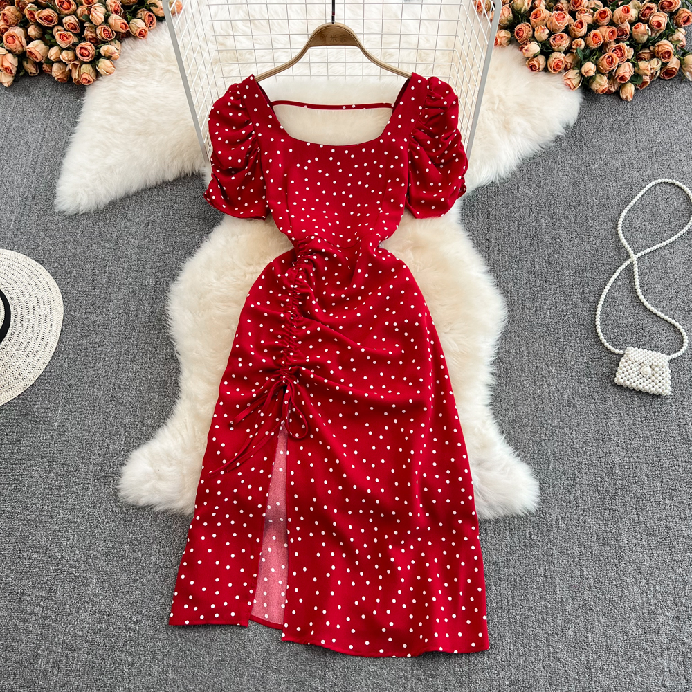 Casual Dresses Summer Women Beach Dress Fashion Square Collar Drawstring Puff Sleeve A-line Dresses Mid Length Slit Polka Dot Frock For Party230413