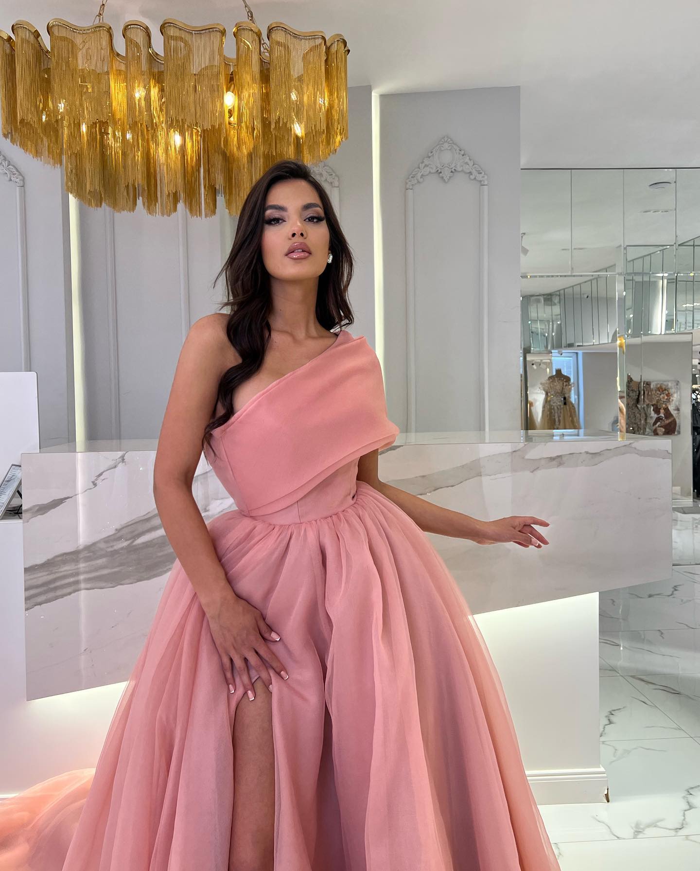 Dusty Pink One Shoulder Prom Dresses Side Split Formal Evening Dress Tulle Long Gowns 2023 For Women Party