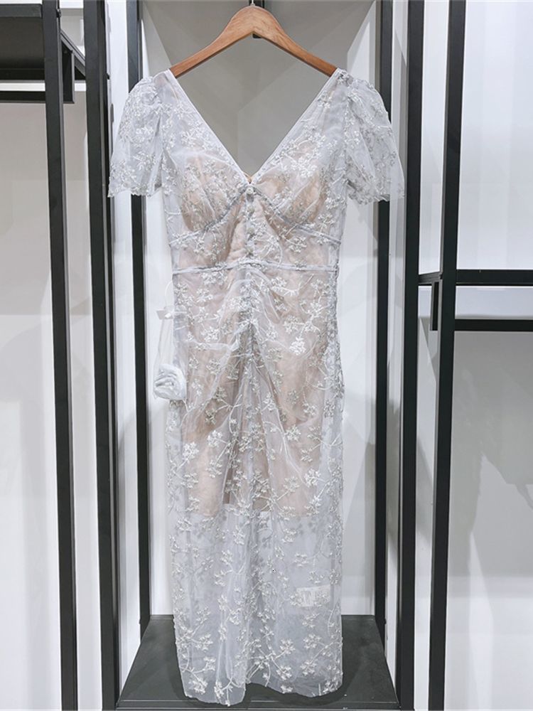 Casual Dresses Early Autumn Women's V-Neck Slim Midi Dress Short Sleeve Embroidery Lace Long Robe With Diamonds Buttons230413