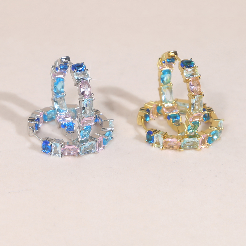 Geometric Zircon Hoop Earrings: Pink & Light Blue Iced Out CZ