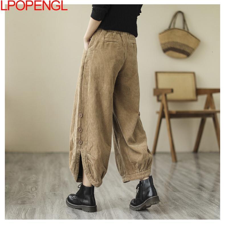 Women's Pants Capris Corduroy Women's Plus Velvet High Waist Autumn And Winter Bloomers Loose Thickening Elastic Waist Ankle-length Pants 23