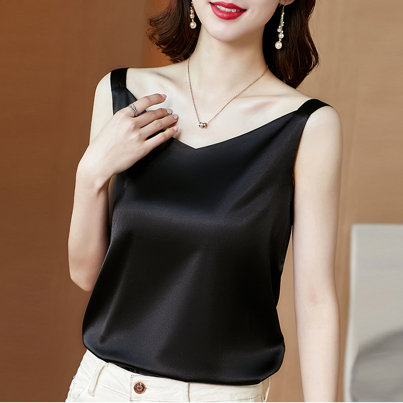 Camisoles Tanks Sleeveless Satin Silk Tank Tops Women'S Summer Camisole Spaghetti Strap Top Women Halter V Neck Basic White Cami 230413