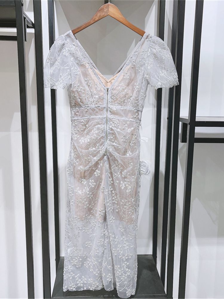 Casual Dresses Early Autumn Women's V-Neck Slim Midi Dress Short Sleeve Embroidery Lace Long Robe With Diamonds Buttons230413