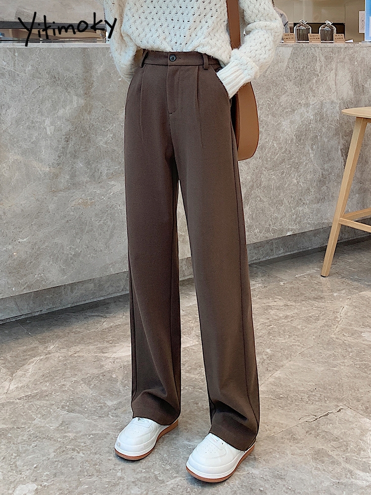 Women's Pants Capris Yitimoky Woolen Pants for Women Office Lady High Waist Clothes Work Black Coffee Full Length Trousers Korean Fashion Bottoms