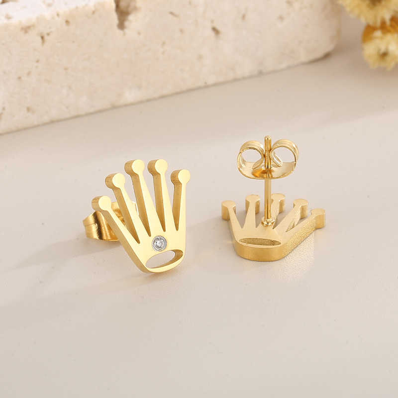 Stud New Gold Color Crown Stud Earrings for Women Stainless Steel Rhinestone Push-Back Earring Fashion Women Wedding Ear Jewelry P230411