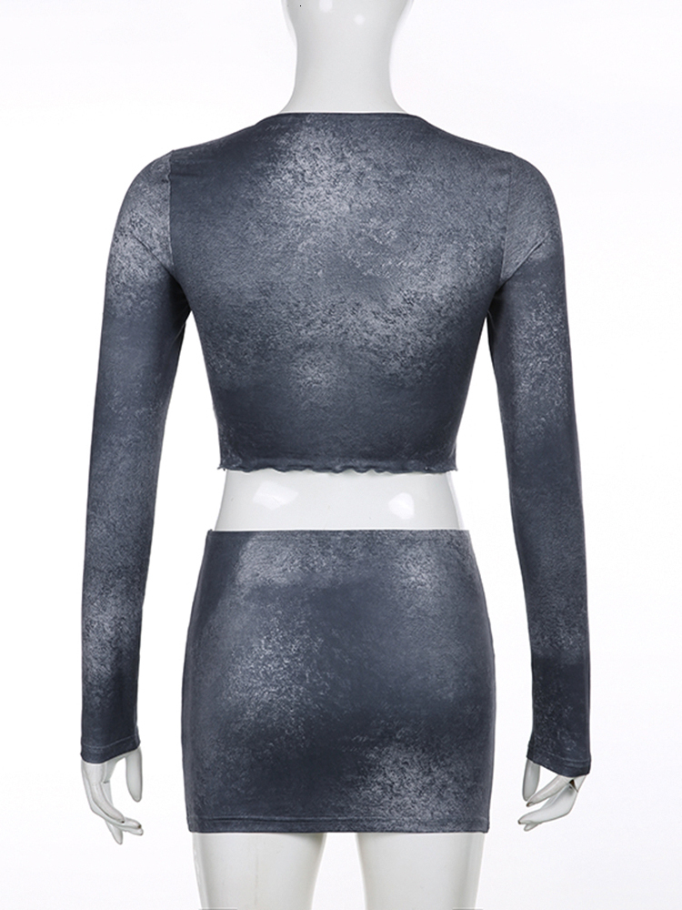 Two Piece Dress Rapwriter Vintage 90S 2 Sets Sexy Aesthetics Ruched Long Sleeve Crop TopsMetal Ring Mini Skirts Woman's Fashion Clubwear 230413