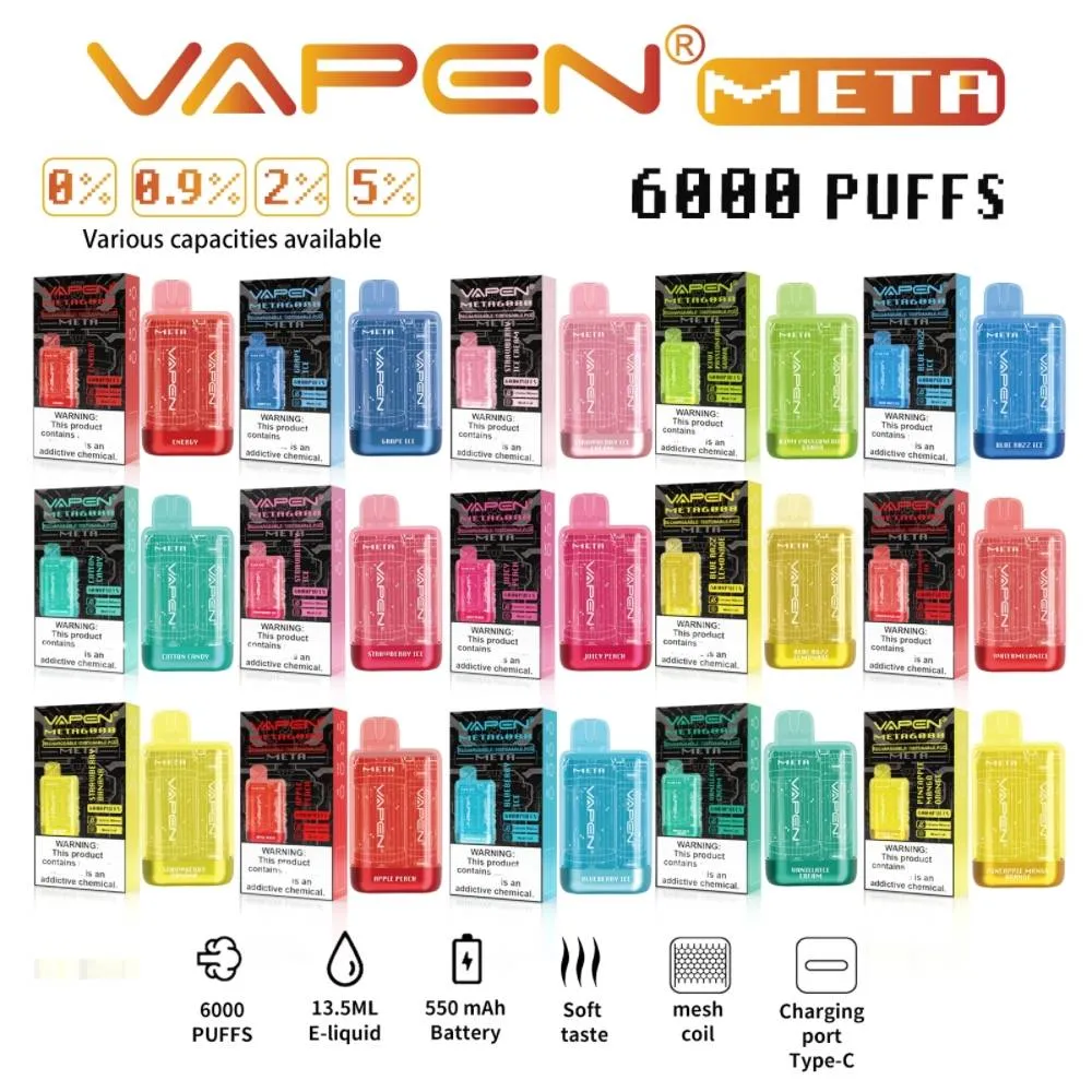 VAPEN META 6000 puffs Disposable Vape Pen E Cigarettes Kits 0% 2% 5% optional TE5000 ELF Pre-Filled Vaporizer Bar Kits adjustable airflow 550mAh Battery Mesh Coil Vapor
VAPEN META 6000 puffs Disposable Vape Pen E Cigarettes Kits 0% 2% 5% optional TE5000 ELF Pre-Filled Vaporizer Bar Kits adjustable airflow 550mAh Battery Mesh Coil Vapor