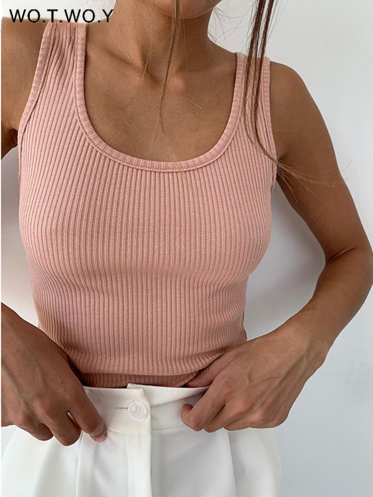 Camisoles Tanks WOTWOY Summer Stretched Knitted Tank Tops Women Sleeveless Solid Casual Tee Shirt Female O-Neck Black White Cropped Tops 230413