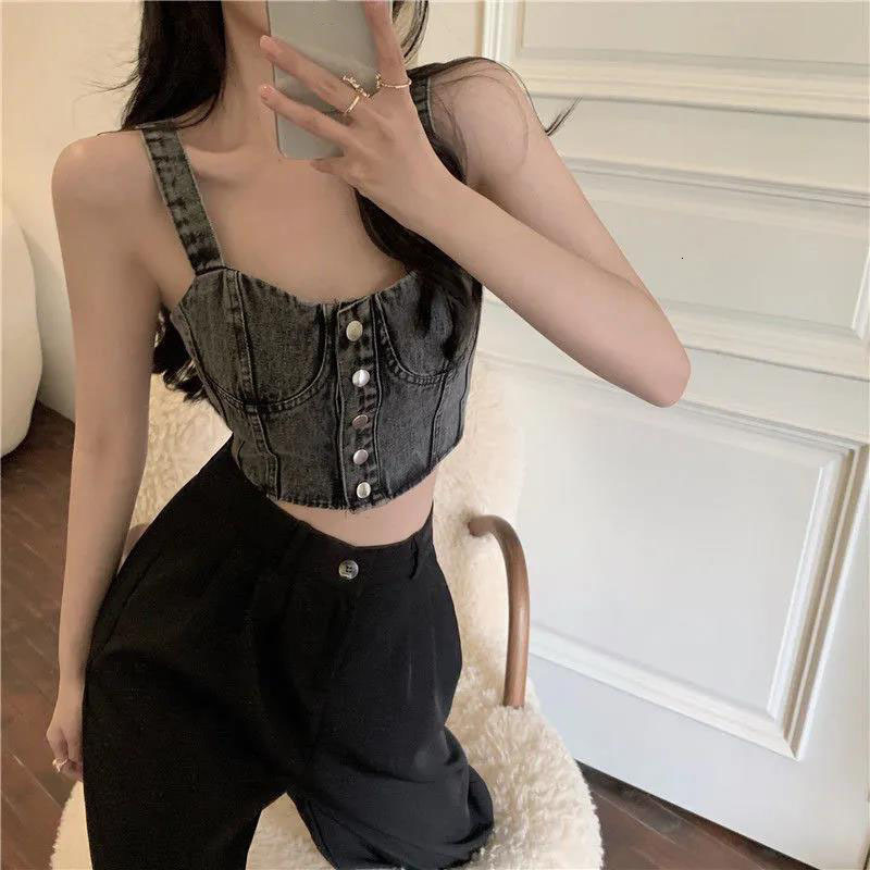 Camisoles Tanks Denim Pleated Tank Tops Single Breasted Slim Fit Camis Women's Short Top Sexy Cropped Crop Top Korean Vest Wholesale 230413