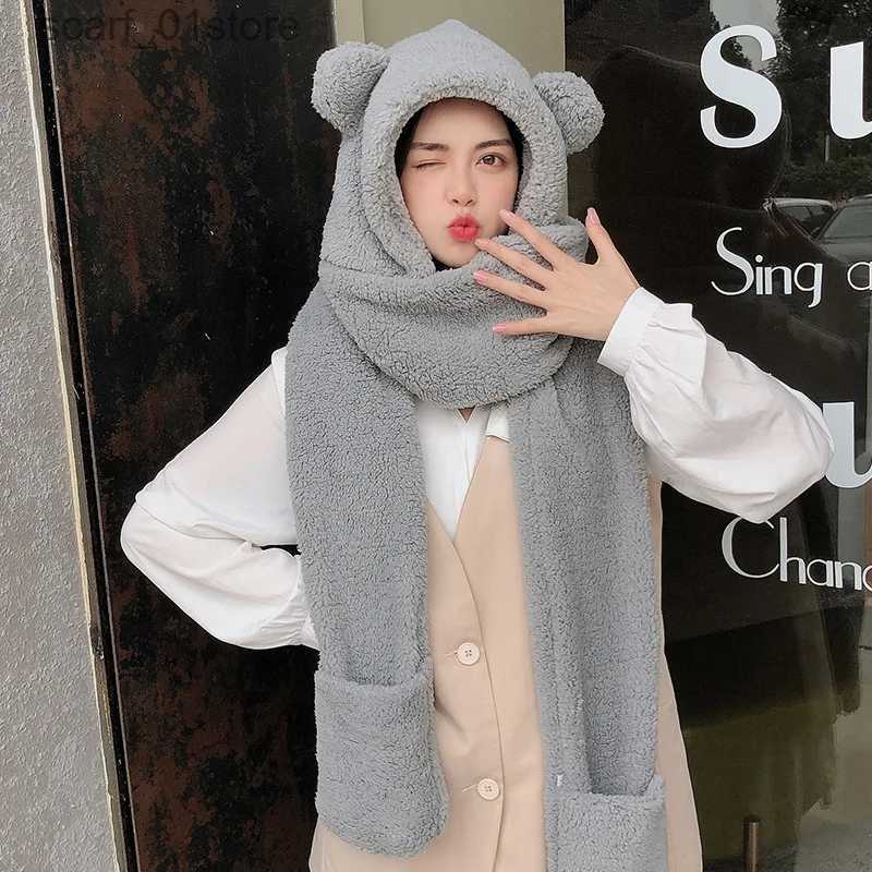 Hats Scarves Sets Lamb Velvet Hat Woman Winter Warm And Cold Hooded Scarf Gs 3-in-1 Sets Female Cute Bear Ear Protection Cotton C With EarsL231111