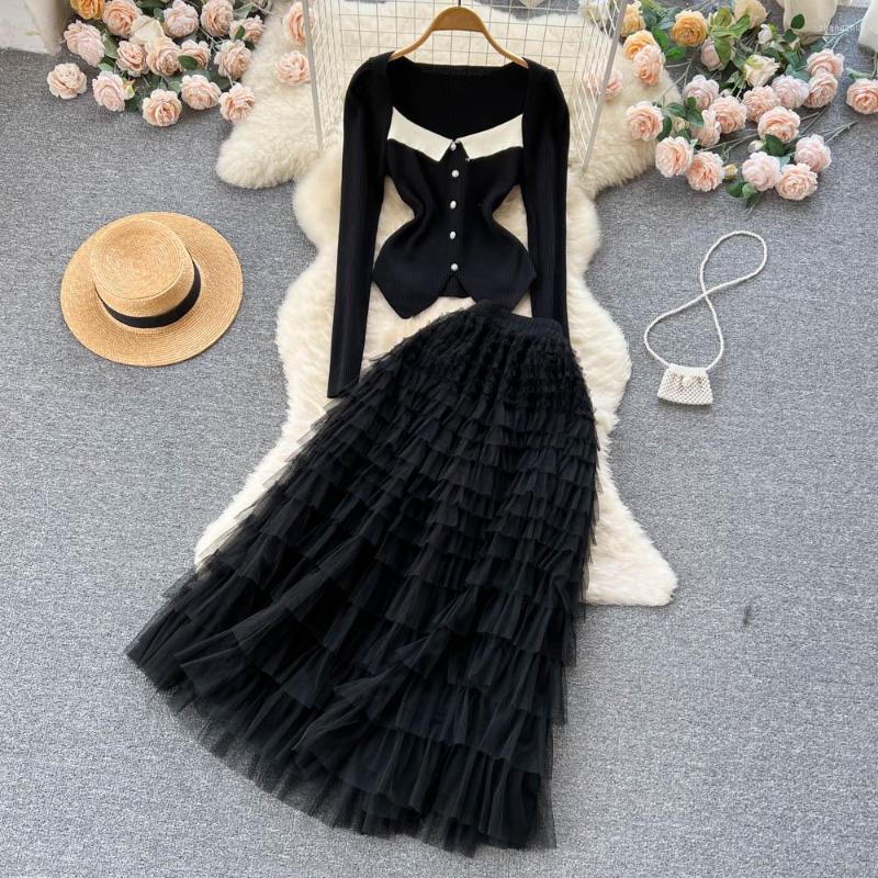 Work Dresses Spring Korean Style Celebrity Square Neck Irregular Knitted Sweater Cake Mesh Half-body Skirt Two-piece Set, Black 
Work Dresses Spring Korean Style Celebrity Square Neck Irregular Knitted Sweater Cake Mesh Half-body Skirt Two-piece Set, Black