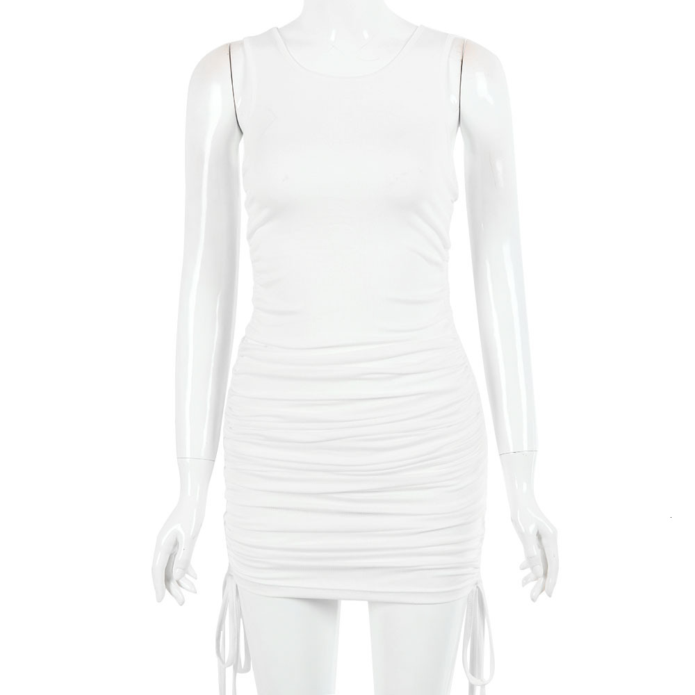 Casual Dresses Articat Sleeveless O Neck Pleated Bodycon Dress For Women Solid Sexy Fashion LaceUP Midi Dress Spring Summer 230413