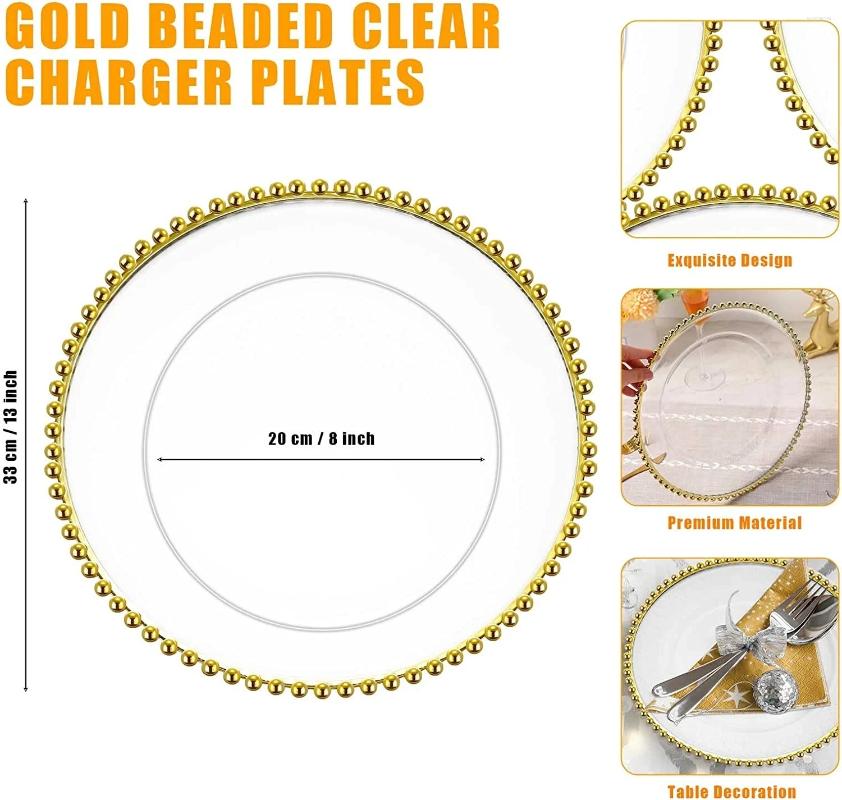 Plates /100 Pieces Clear Plastic Charger With Gold Beads Rim Acrylic Decorative Service Plate B5