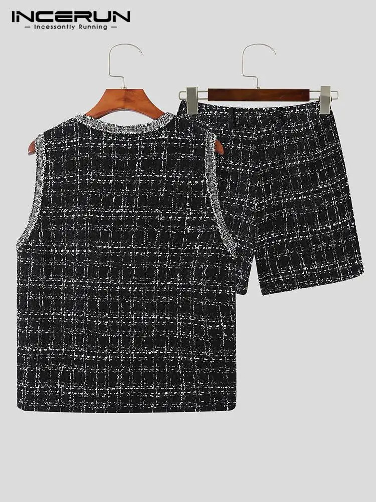 Men s Tracksuits INCERUN Fashion Men Sets Plaid V Neck Sleeveless Button Vests Shorts Two Pieces Streetwear 2023 Casual Suits S 5XL 231113